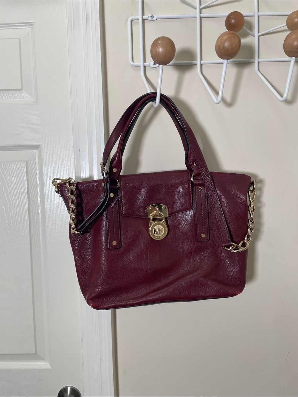 Michael Kors Y2K Leather Shoulder Tote with Gold Hardware Deep Red